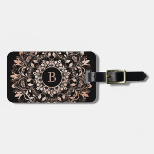 Etiqueta De Bagagem Monograma de Mandala Floral em Rose Gold