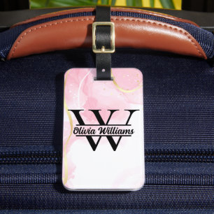 Etiqueta De Bagagem Monograma de Mármore Rosa   Girly Modern Dourada G