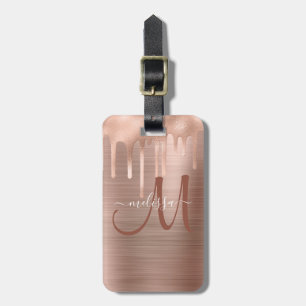 Etiqueta De Bagagem Monograma de metal com gota Dourada de Rosa chic e