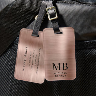 Etiqueta De Bagagem Monograma de Metal Elegante em Rosa Dourado Polido