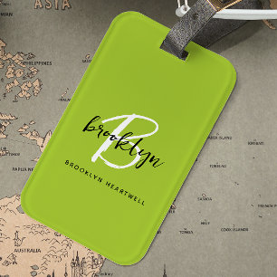 Etiqueta De Bagagem Monograma de Nome com Script Tendente a Verde Lima