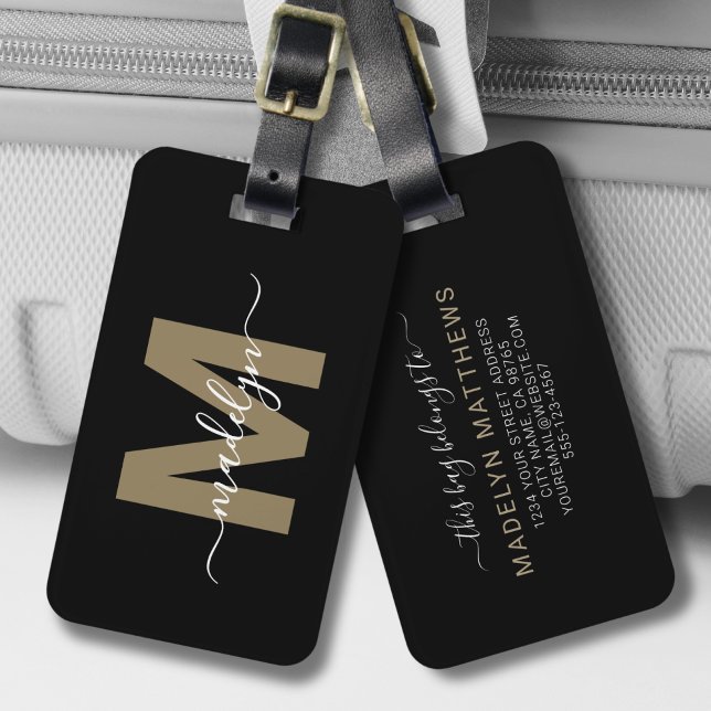 Etiqueta De Bagagem Monograma de Nome Dourado Preto (Stylish Elegant Black Gold Script Name Monogram Luggage Tag)