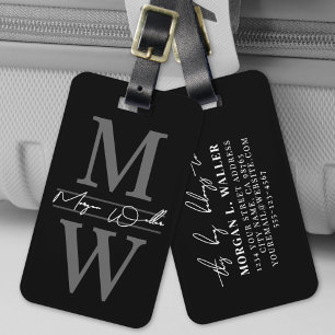 Etiqueta De Bagagem Monograma de Nome Elegante Preto