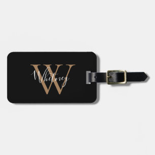 Etiqueta De Bagagem Monograma de Nome em Script Preto e Dourado Simple
