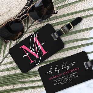 Etiqueta De Bagagem Monograma de Nome Inicial Rosa Personalizado