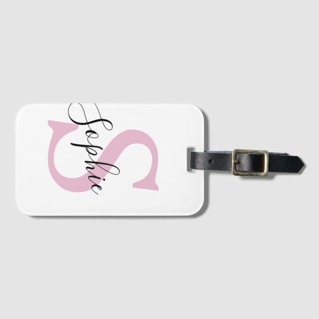 Etiqueta De Bagagem Monograma de Nome Personalizado Moderno - Rosa (Frente Horizontal)