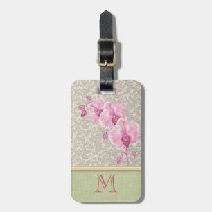 Etiqueta De Bagagem Monograma de orquídea damasquista giro bonito