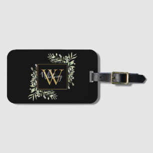 Etiqueta De Bagagem Monograma de Ouro Preto Floral Verde