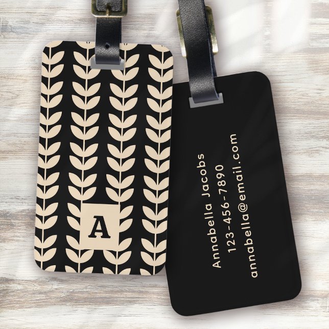 Etiqueta De Bagagem Monograma de Padrão Folha de Impressão Preta (Criador carregado)