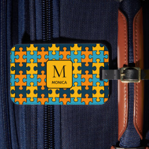 Etiqueta De Bagagem Monograma De Peças De Quebra-cabeça Azul E Laranja