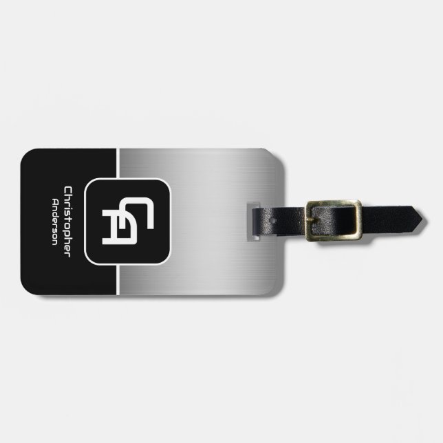 Etiqueta De Bagagem Monograma de prata metálico (Frente Horizontal)