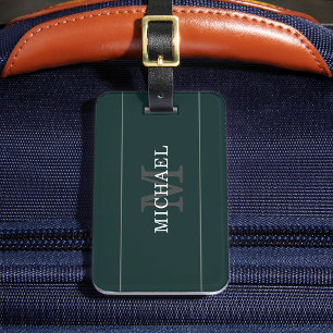 Etiqueta De Bagagem Monograma de prata verde elegante personalizado