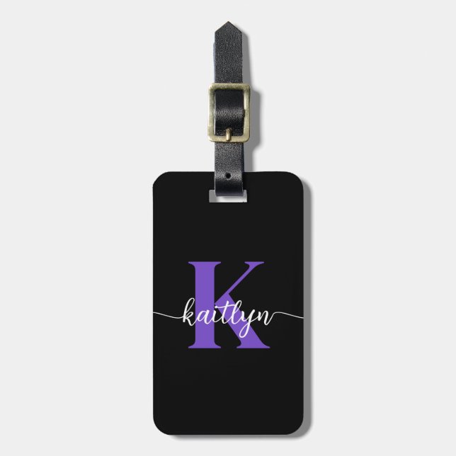 Etiqueta De Bagagem Monograma de Roteiro Roxo Preto (Frente Vertical)