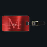 Etiqueta De Bagagem Monograma de Script Metálico de Aço Bruto Vermelho<br><div class="desc">Marca Monograma Monograma de Script de Aço Bruto Vermelho Burgunido Vermelho</div>