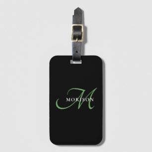 Etiqueta De Bagagem Monograma de Script Verde Preto Moderno Elegante