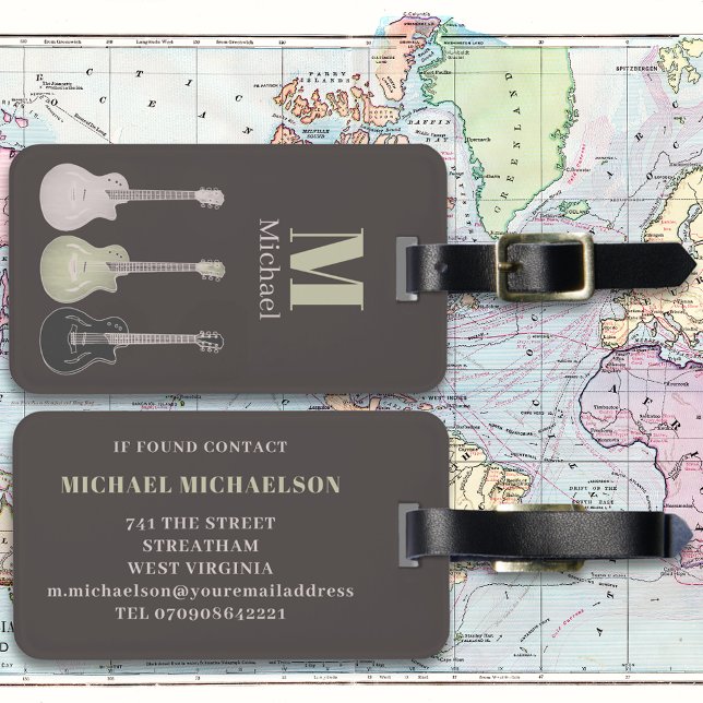 Etiqueta De Bagagem Monograma de Violão Elétrico (Electric guitar gray monogram custom travel luggage tag for guitarist musician )