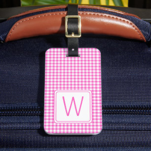Etiqueta De Bagagem Monograma de Xadrez Gingham, rosa e branco