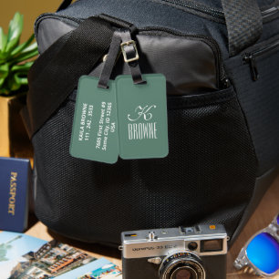 Etiqueta De Bagagem Monograma Design branco e verde personalizado