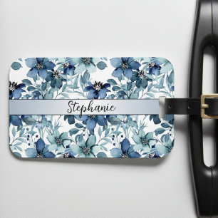 Etiqueta De Bagagem Monograma do padrão Chintz da Vintage Azul Elegant