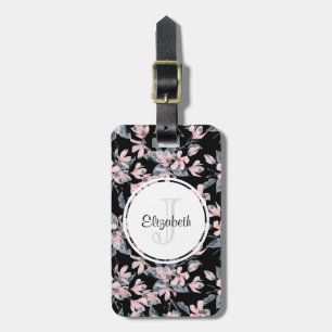 Etiqueta De Bagagem Monograma do Padrão Floral de Aquarela Rosa e Cin