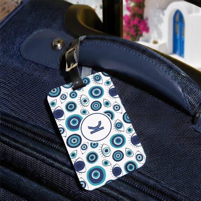 Etiqueta De Bagagem Monograma do padrão Mau grego branco azul (Criador carregado)