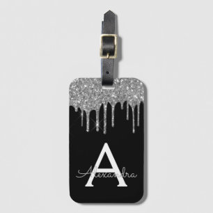 Etiqueta De Bagagem Monograma do Sparkle Preto de Prata Moderna