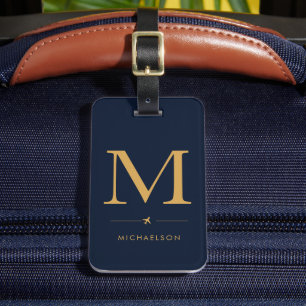 Etiqueta de Bagagem Monograma Dourado Azul Marinho