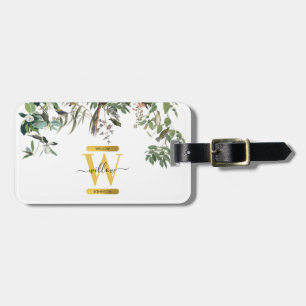 Etiqueta De Bagagem Monograma Dourado Elegante Eucalyptus Greenery & B