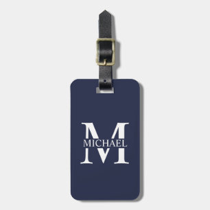 Etiqueta De Bagagem Monograma e Nome Personalizados Azul-marinho