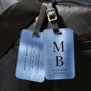 Etiqueta De Bagagem Monograma Elegante Azul Metálico Brilhante