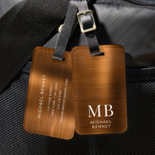 Etiqueta De Bagagem Monograma Elegante Castanho-de-Cobre Esmagado Metá
