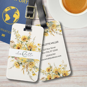 Etiqueta De Bagagem Monograma Elegante Cores de água Buquê de girassol