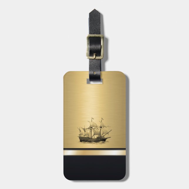 Etiqueta De Bagagem Monograma elegante de ouro de navio antigo (Frente Vertical)