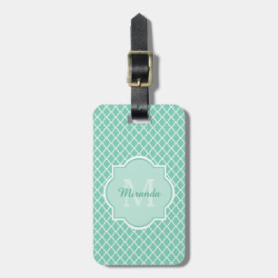 Etiqueta De Bagagem Monograma elegante de Quatrefoil do verde da