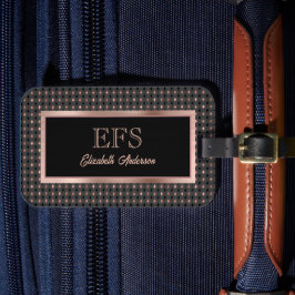 Etiqueta De Bagagem Monograma Elegante Dourado Rosa de preto e cobre