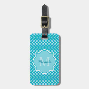 Etiqueta De Bagagem Monograma elegante e nome de Quatrefoil do azul de