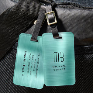 Etiqueta De Bagagem Monograma Elegante em Metal Escovado Verde Turques