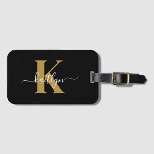 Etiqueta De Bagagem Monograma Elegante em Script Dourado Preto