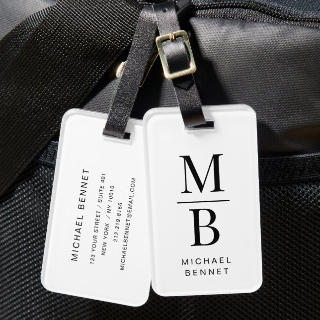 Etiqueta De Bagagem Monograma Elegante Preto e Branco (Elegant Monogram Black And White Luggage Tag)