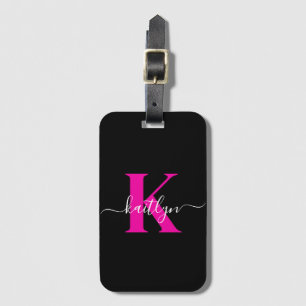 Etiqueta De Bagagem Monograma Elegante Preto e Rosa Script