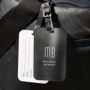 Etiqueta De Bagagem Monograma Elegante Preto Metálico Brushed