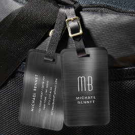 Etiqueta De Bagagem Monograma Elegante Preto Metálico Brushed