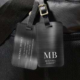 Etiqueta De Bagagem Monograma Elegante Preto Metálico Escovado