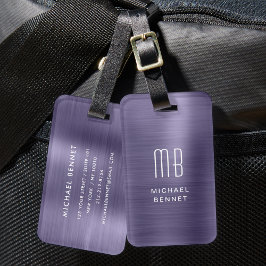 Etiqueta De Bagagem Monograma Elegante Roxo Metal Brusado