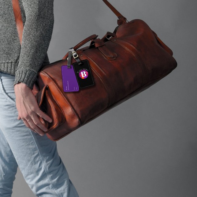 Etiqueta De Bagagem Monograma elegante vermelho-roxo, clássico, (Criador carregado)