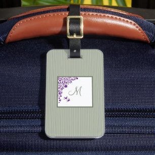Etiqueta De Bagagem Monograma em Script Floral Roxo com Faixa Verde Sa
