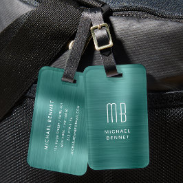 Etiqueta De Bagagem Monograma Esmeralda Verde Metal Polido