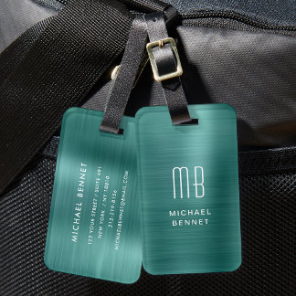 Etiqueta De Bagagem Monograma Esmeralda Verde Metal Polido