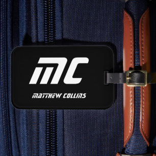 Etiqueta De Bagagem Monograma Esportivo Personalizado Preto e Branco L