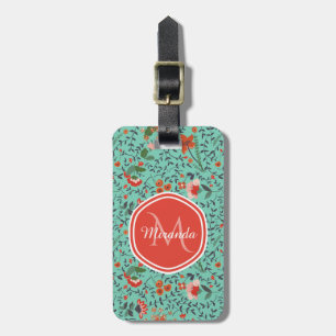 Etiqueta De Bagagem Monograma floral alaranjado e vermelho de